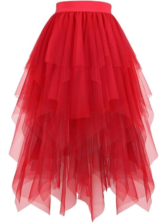 Dresses & Skirts - Women's Star Sequined Tulle High Low Layered Pull On Red Mesh Midi Skirt